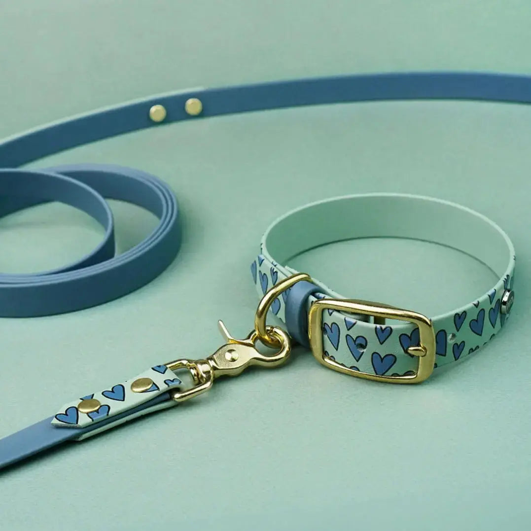 Smycz przepinana multifunkcyjna z Biothane dla psa, Serca / szałwiowy, blue jeans BURA