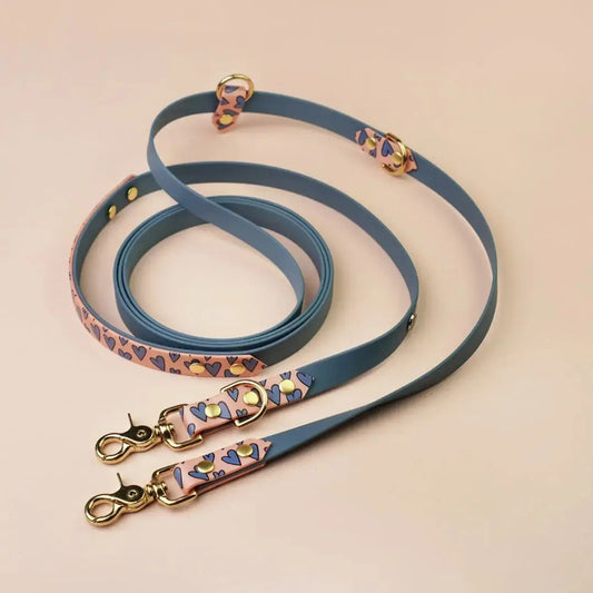 Smycz przepinana multifunkcyjna z Biothane dla psa, Serca / blue jeans, łososiowy róż BURA