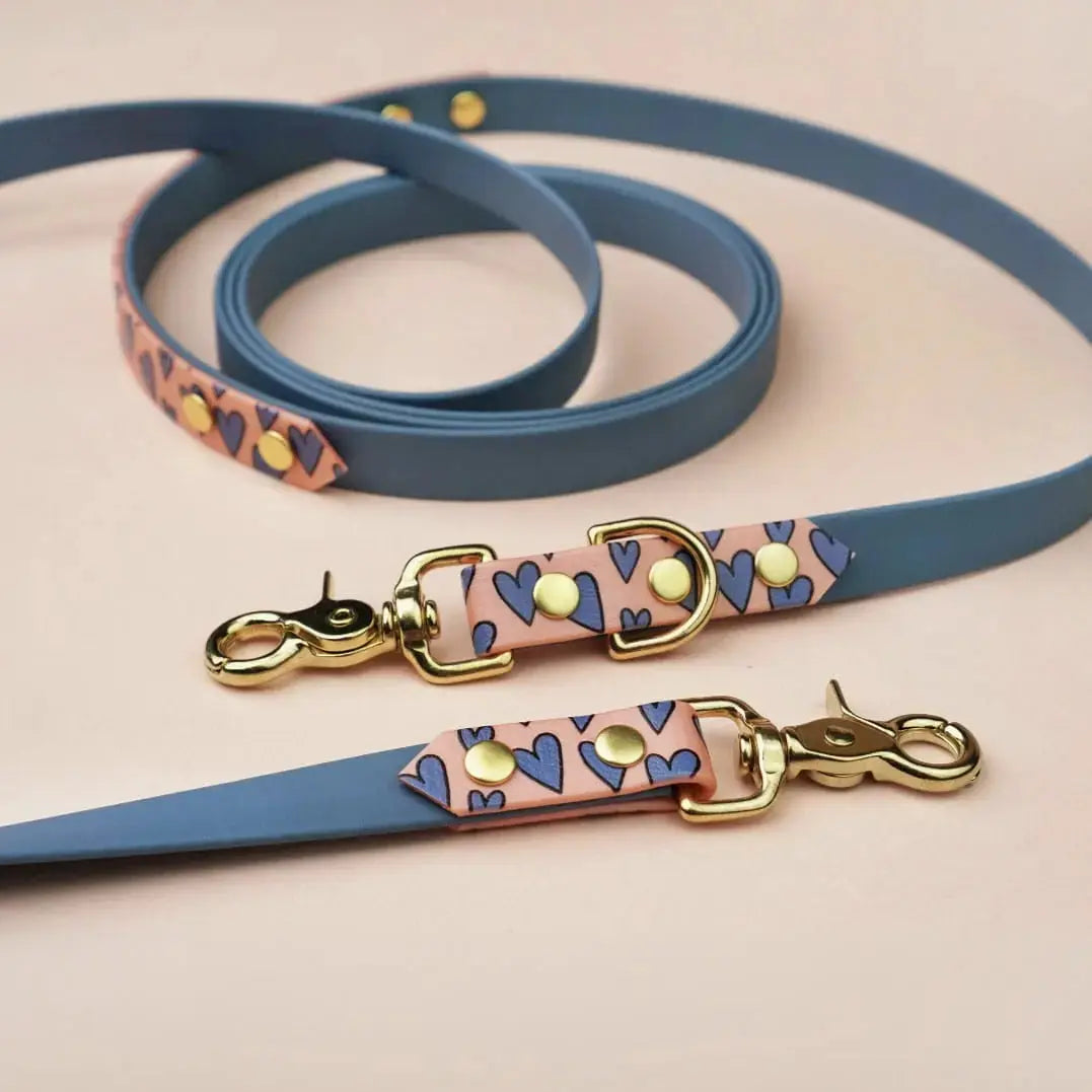 Smycz przepinana multifunkcyjna z Biothane dla psa, Serca / blue jeans, łososiowy róż BURA