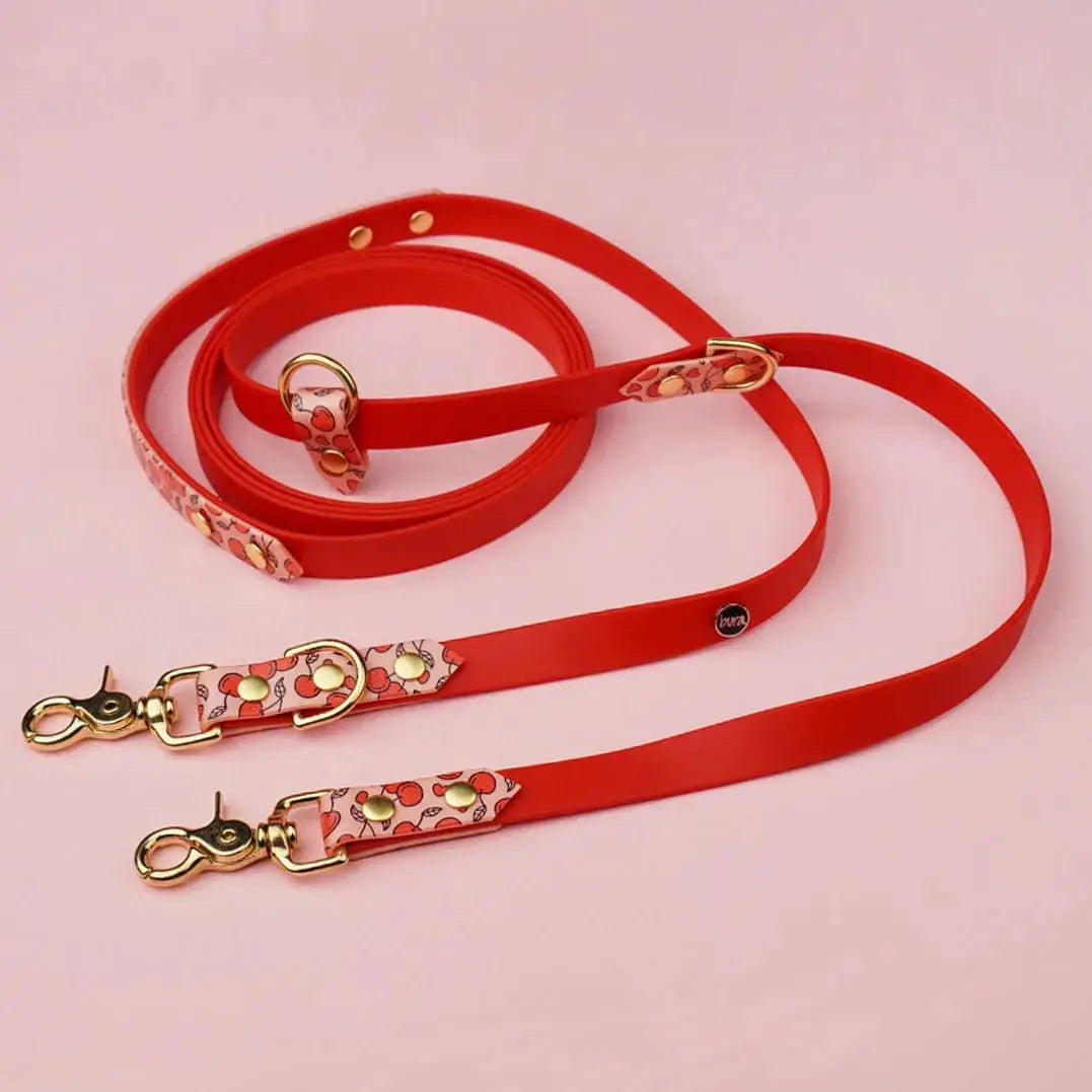 Smycz przepinana multifunkcyjna z Biothane dla psa, Wiśnie i serduszka / czerwony,  łososiowy róż BURA
