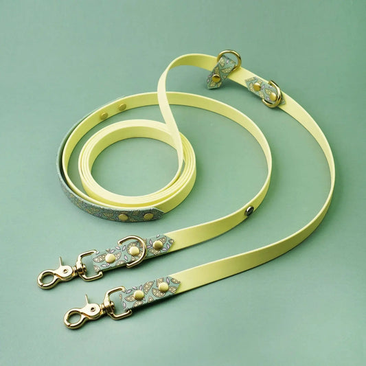 Smycz przepinana multifunkcyjna z Biothane dla psa, Cytrynki / pastelowy żółty, liliowy BURA