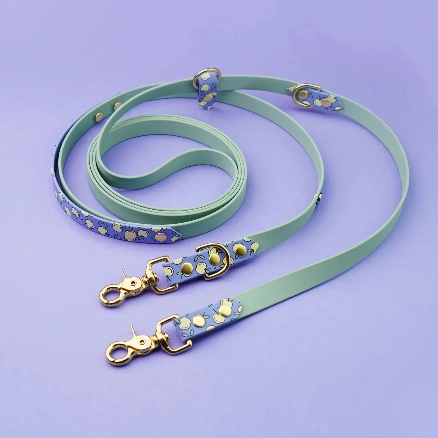 Smycz przepinana multifunkcyjna z Biothane dla psa, Jabłuszka / Pastelowy żółty, szałwiowy BURA