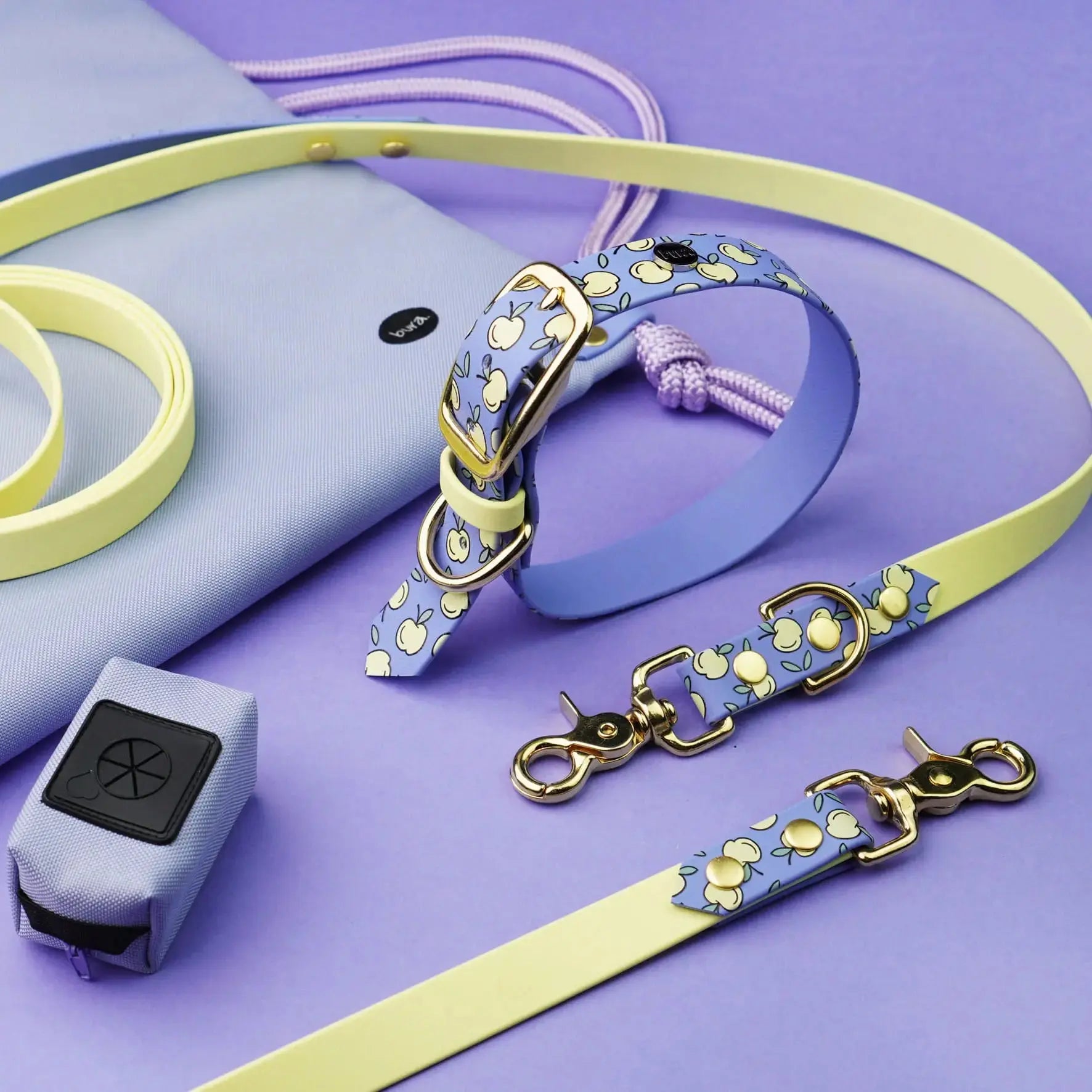 Smycz przepinana multifunkcyjna z Biothane dla psa, Jabłuszka / Pastelowy żółty, szałwiowy BURA