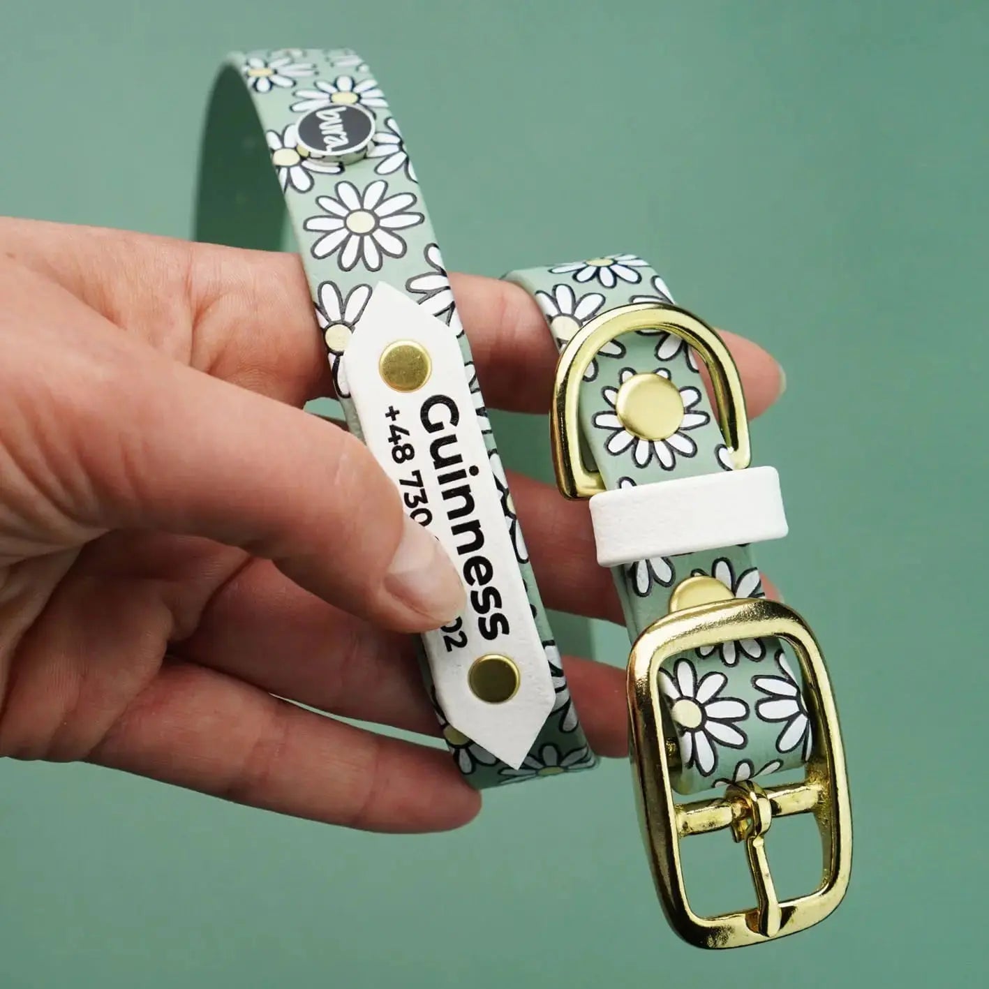 Obroża na sprzączkę dla psa, Stokrotki / szałwiowy BURA