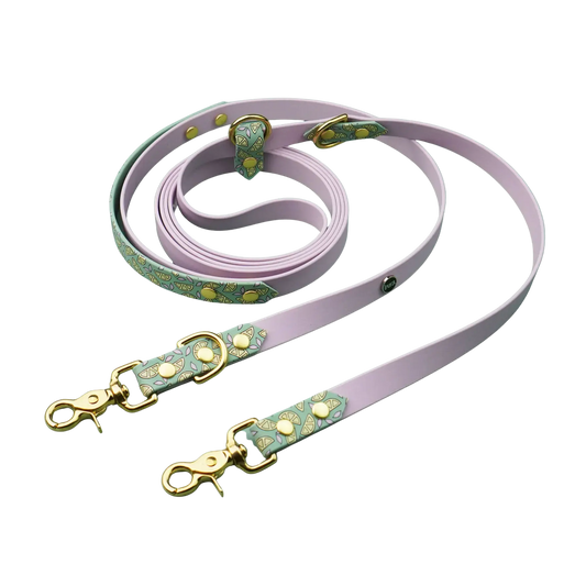 Smycz przepinana multifunkcyjna z Biothane dla psa, Cytrynki / pastelowy żółty, liliowy BURA