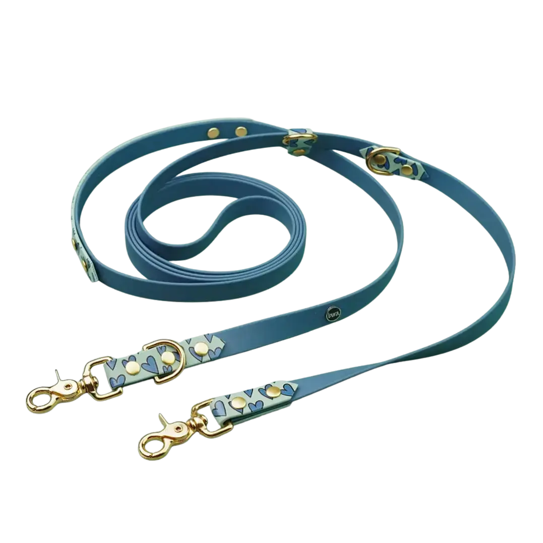 Smycz przepinana multifunkcyjna z Biothane dla psa, Serca / szałwiowy, blue jeans BURA