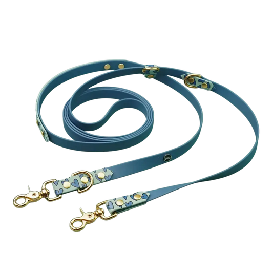 Smycz przepinana multifunkcyjna z Biothane dla psa, Serca / szałwiowy, blue jeans BURA