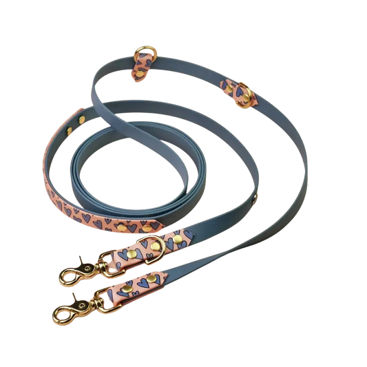 Smycz przepinana multifunkcyjna z Biothane dla psa, Serca / blue jeans, łososiowy róż BURA