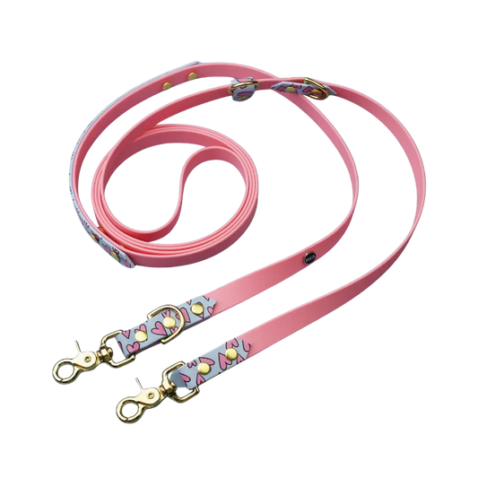 Smycz przepinana multifunkcyjna z Biothane dla psa, Serca / róż, pastelowy niebieski BURA