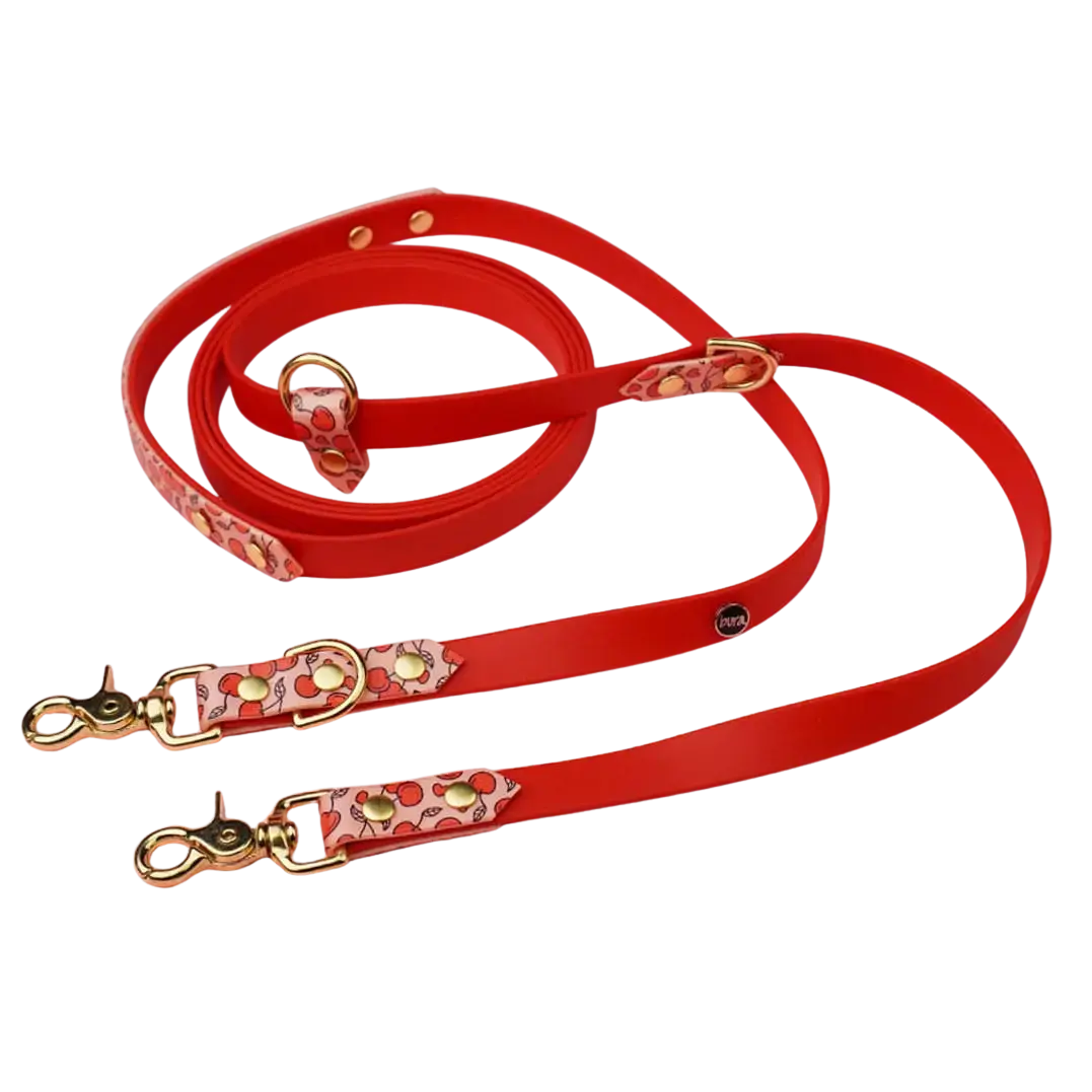 Smycz przepinana multifunkcyjna z Biothane dla psa, Wiśnie i serduszka / czerwony,  łososiowy róż BURA
