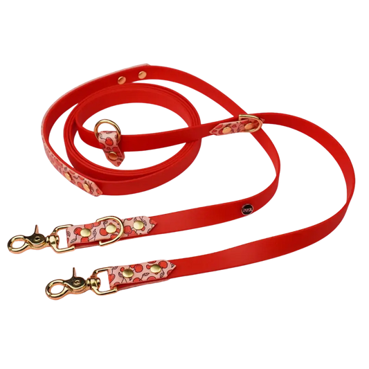 Smycz przepinana multifunkcyjna z Biothane dla psa, Wiśnie i serduszka / czerwony,  łososiowy róż BURA