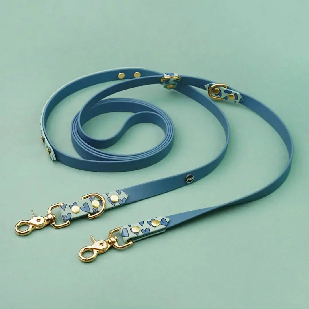 Smycz przepinana multifunkcyjna z Biothane dla psa, Serca / szałwiowy, blue jeans BURA