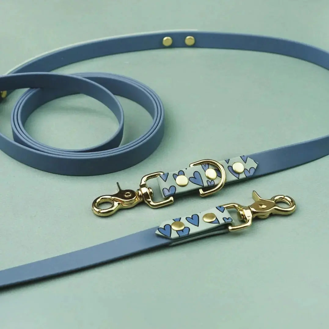 Smycz przepinana multifunkcyjna z Biothane dla psa, Serca / szałwiowy, blue jeans BURA