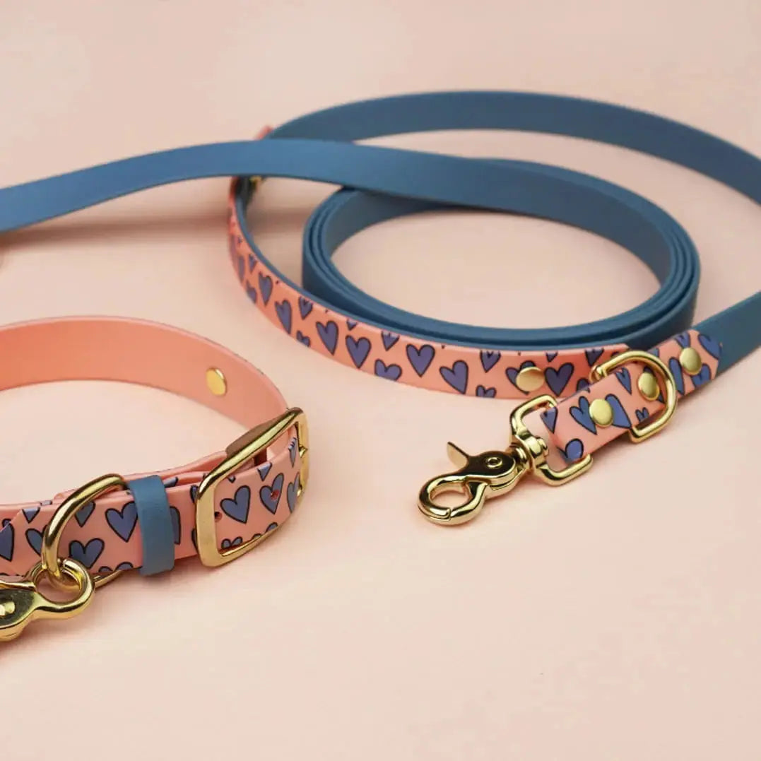 Smycz przepinana multifunkcyjna z Biothane dla psa, Serca / blue jeans, łososiowy róż BURA