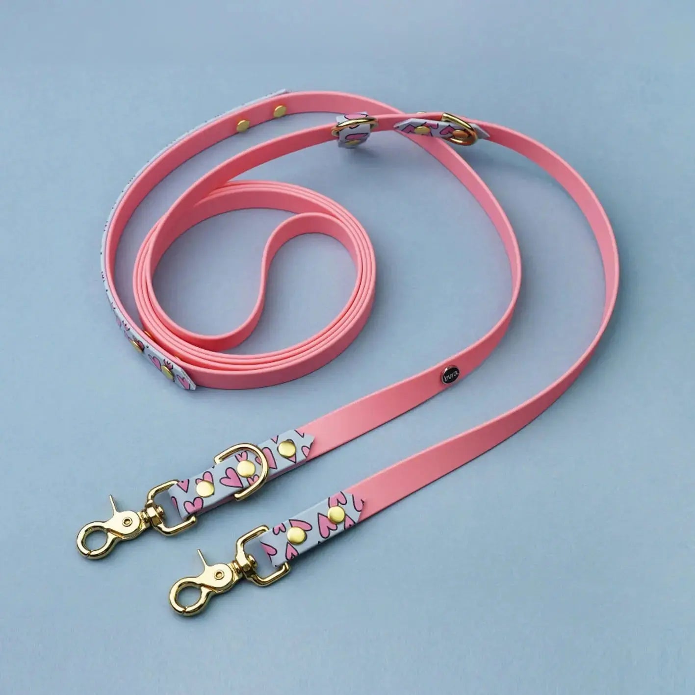 Smycz przepinana multifunkcyjna z Biothane dla psa, Serca / róż, pastelowy niebieski BURA