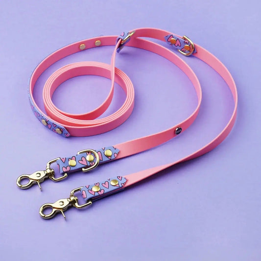 Smycz przepinana multifunkcyjna z Biothane dla psa, Serca / róż, niebiesko-lawendowy BURA
