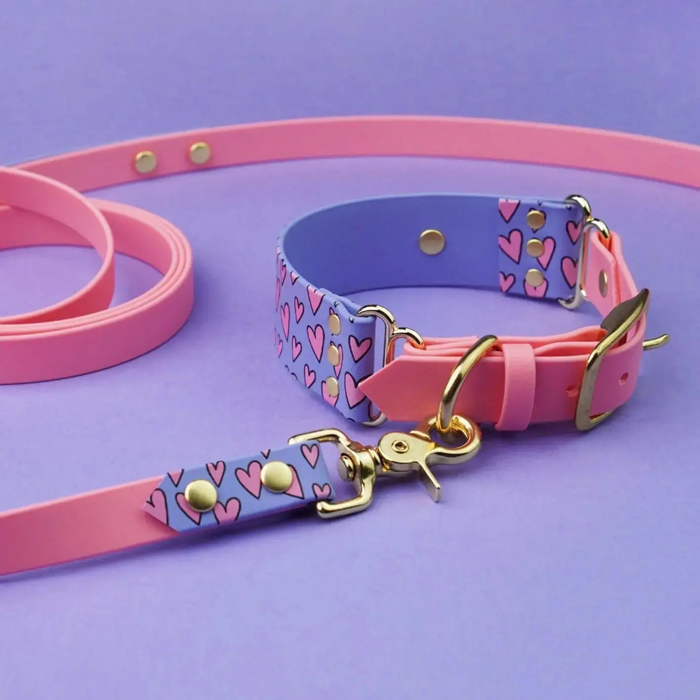 Smycz przepinana multifunkcyjna z Biothane dla psa, Serca / róż, niebiesko-lawendowy BURA