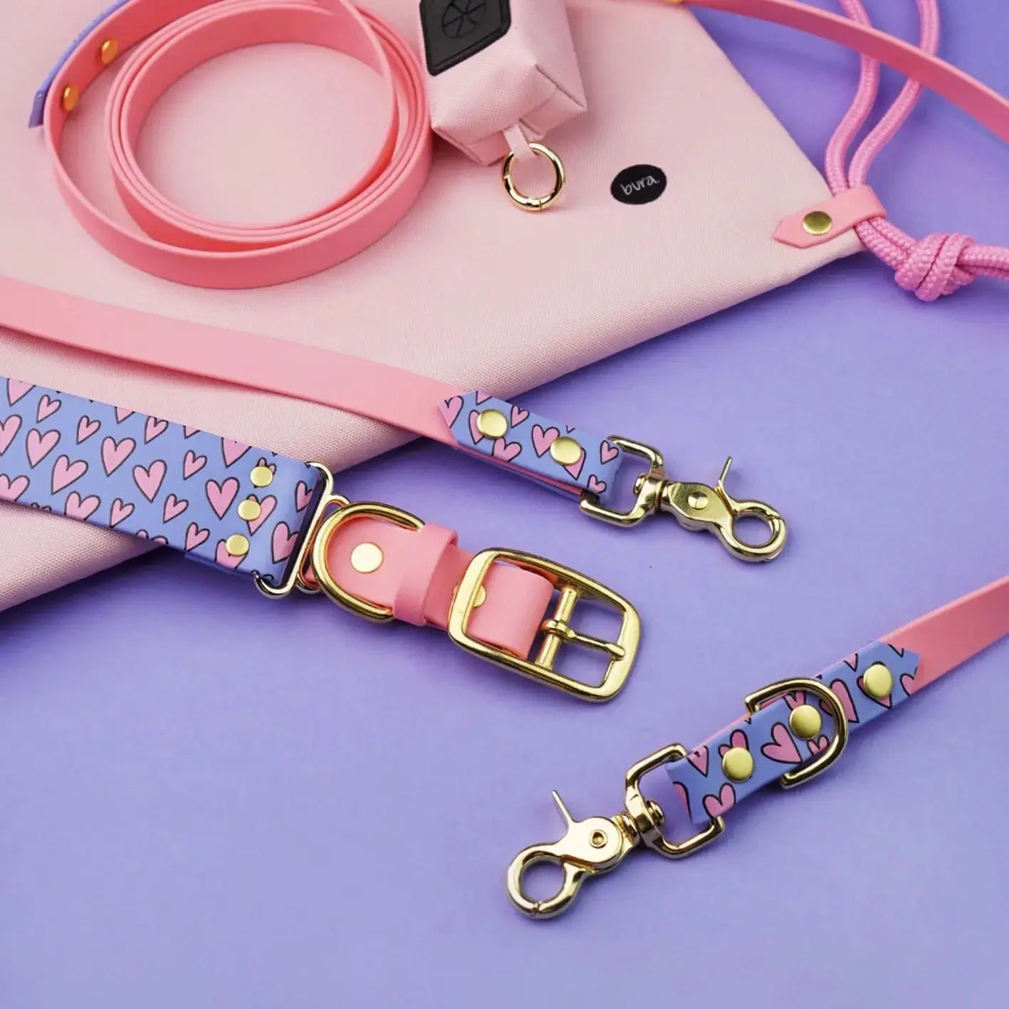 Smycz przepinana multifunkcyjna z Biothane dla psa, Serca / róż, niebiesko-lawendowy BURA