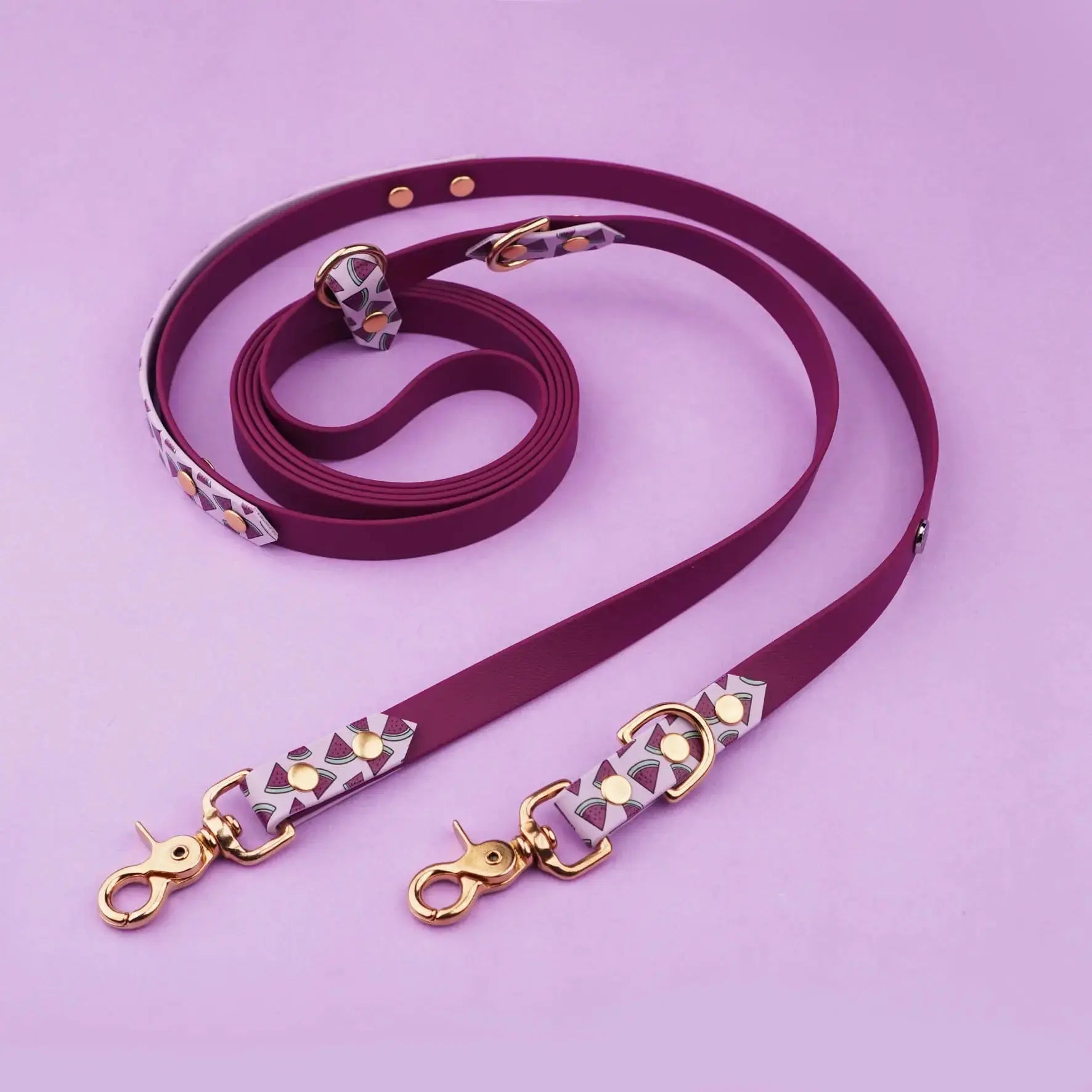 Smycz przepinana multifunkcyjna z Biothane dla psa, Arbuziki / szałwiowy, bordo BURA