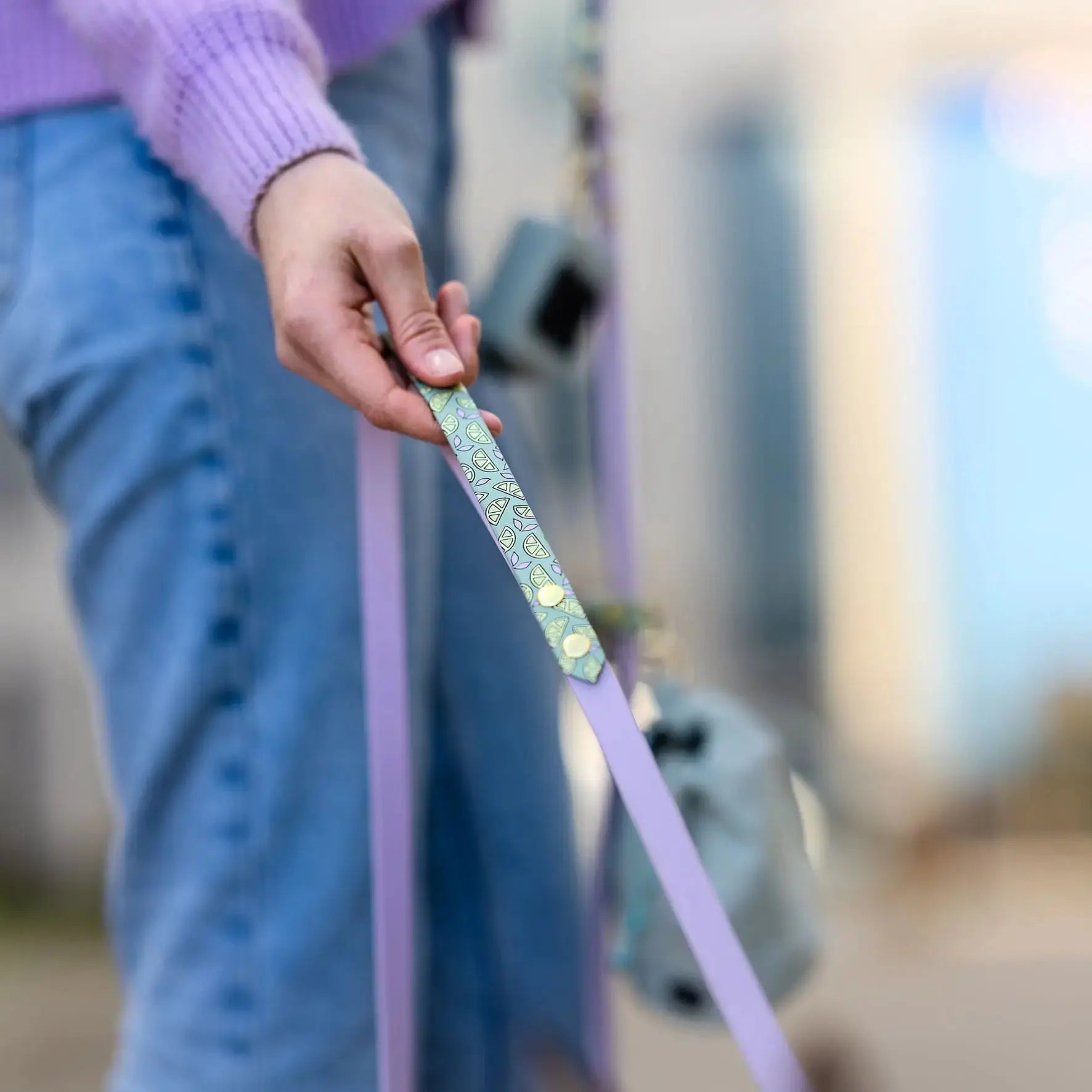 Smycz przepinana multifunkcyjna z Biothane dla psa, Cytrynki / pastelowy żółty, liliowy BURA