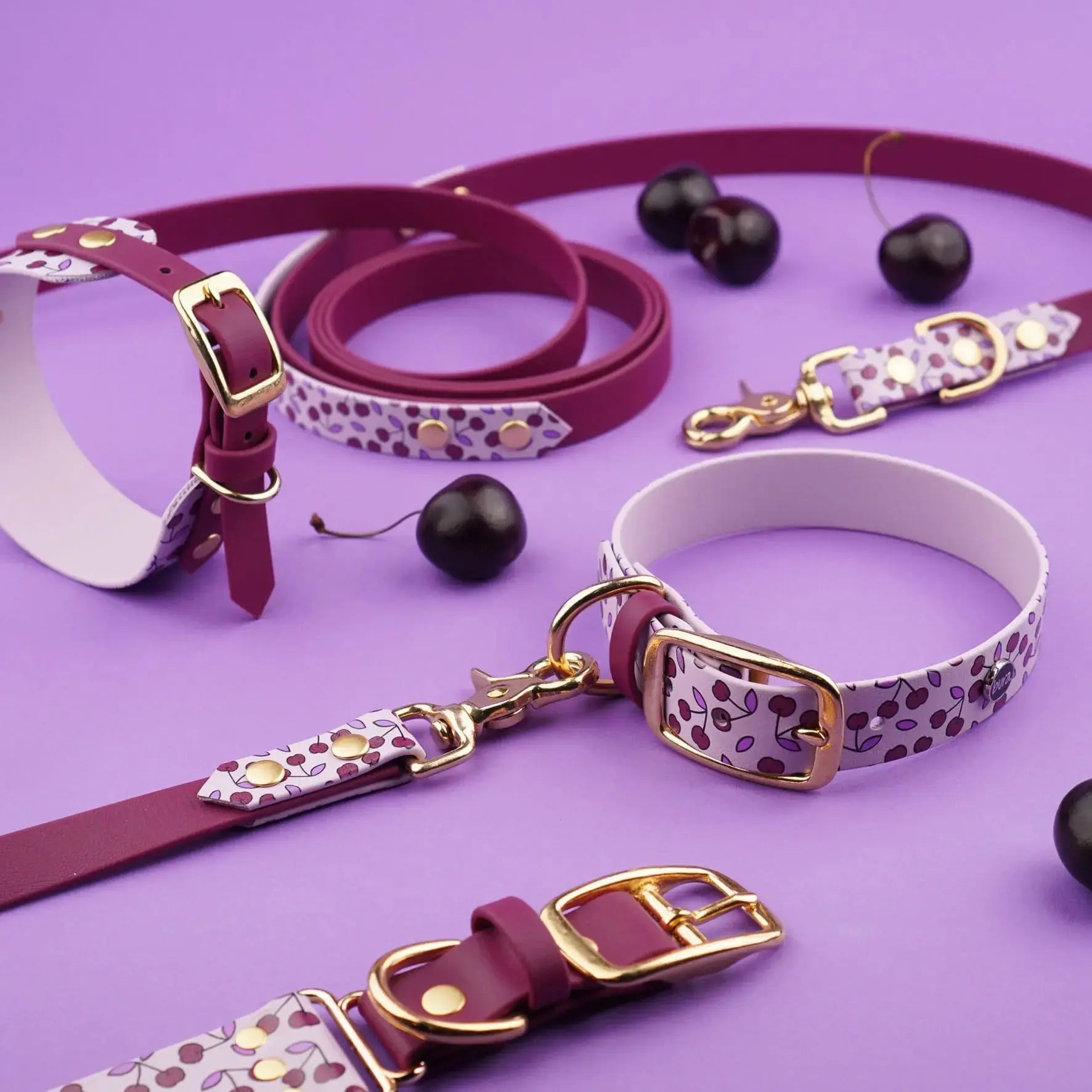 Smycz przepinana multifunkcyjna z Biothane dla psa, Wisienki / bordo, jasny fiolet BURA