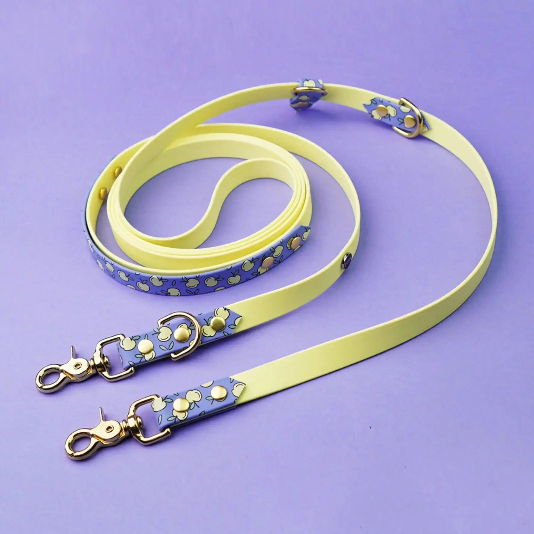 Smycz przepinana multifunkcyjna z Biothane dla psa, Jabłuszka / Pastelowy żółty, szałwiowy BURA