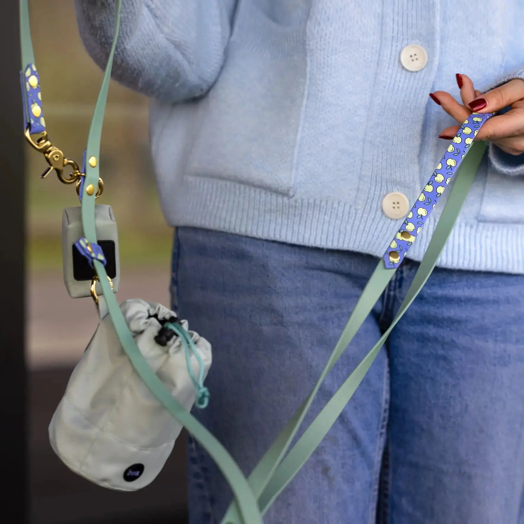 Smycz przepinana multifunkcyjna z Biothane dla psa, Jabłuszka / Pastelowy żółty, szałwiowy BURA