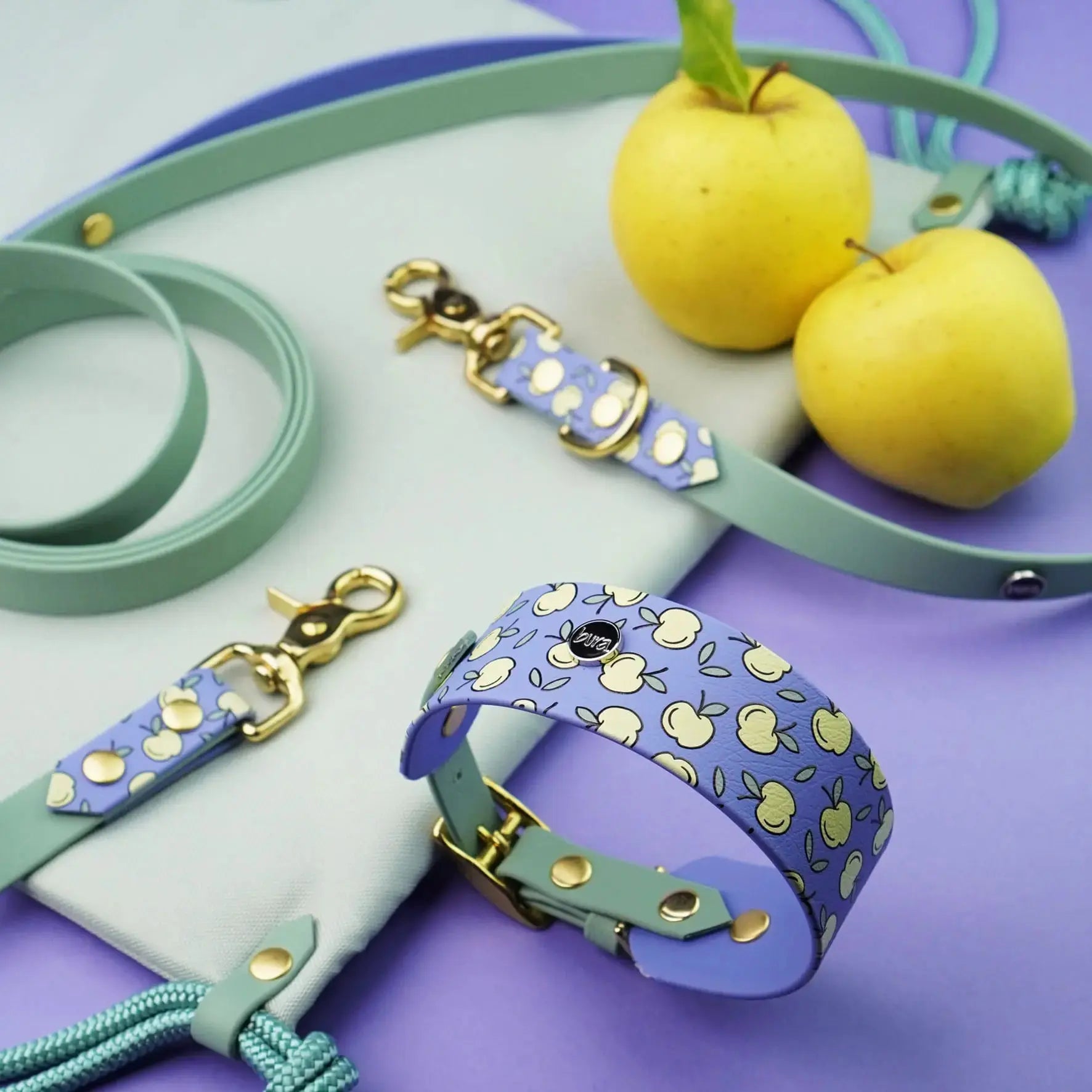 Smycz przepinana multifunkcyjna z Biothane dla psa, Jabłuszka / Pastelowy żółty, szałwiowy BURA