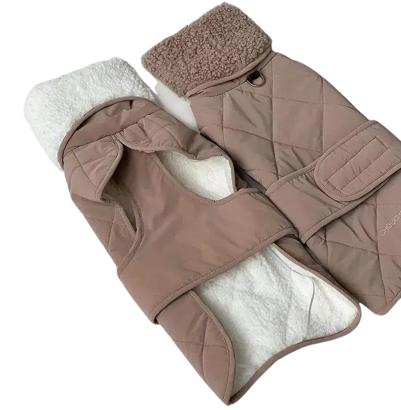 Zimowa derka dla psa "Waffle" beżowa z futerkiem w kolorze taupe
