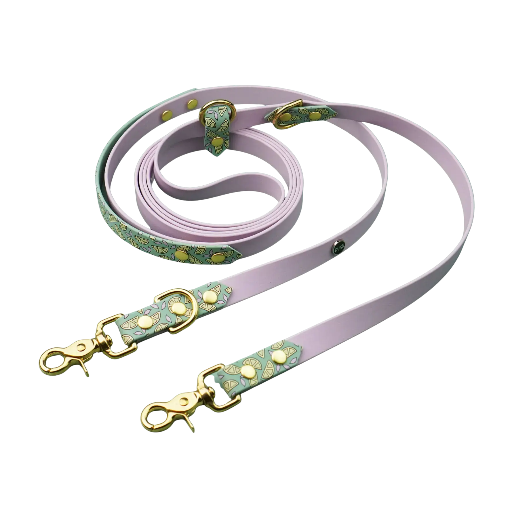 Smycz przepinana multifunkcyjna z Biothane dla psa, Cytrynki / pastelowy żółty, liliowy BURA