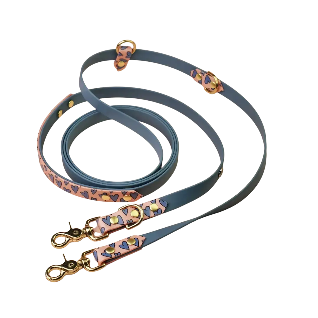 Smycz przepinana multifunkcyjna z Biothane dla psa, Serca / blue jeans, łososiowy róż BURA