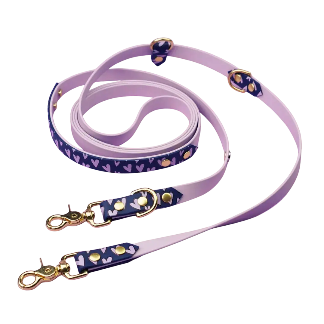 Smycz przepinana multifunkcyjna z Biothane dla psa, Serca / lilia, granat BURA