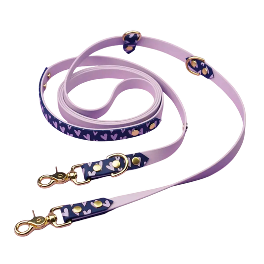 Smycz przepinana multifunkcyjna z Biothane dla psa, Serca / lilia, granat BURA